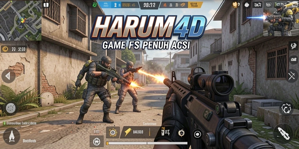 Tampilan gameplay seru dalam HARUM4D dengan aksi FPS yang mendebarkan.