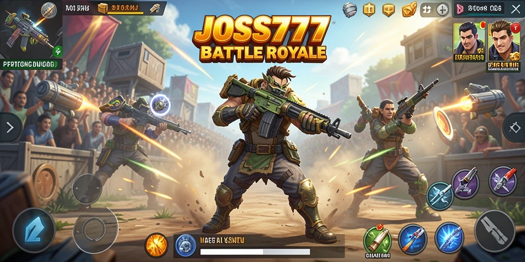Screenshot gameplay JOSS777 menampilkan pertempuran intens dalam mode Battle Royale.